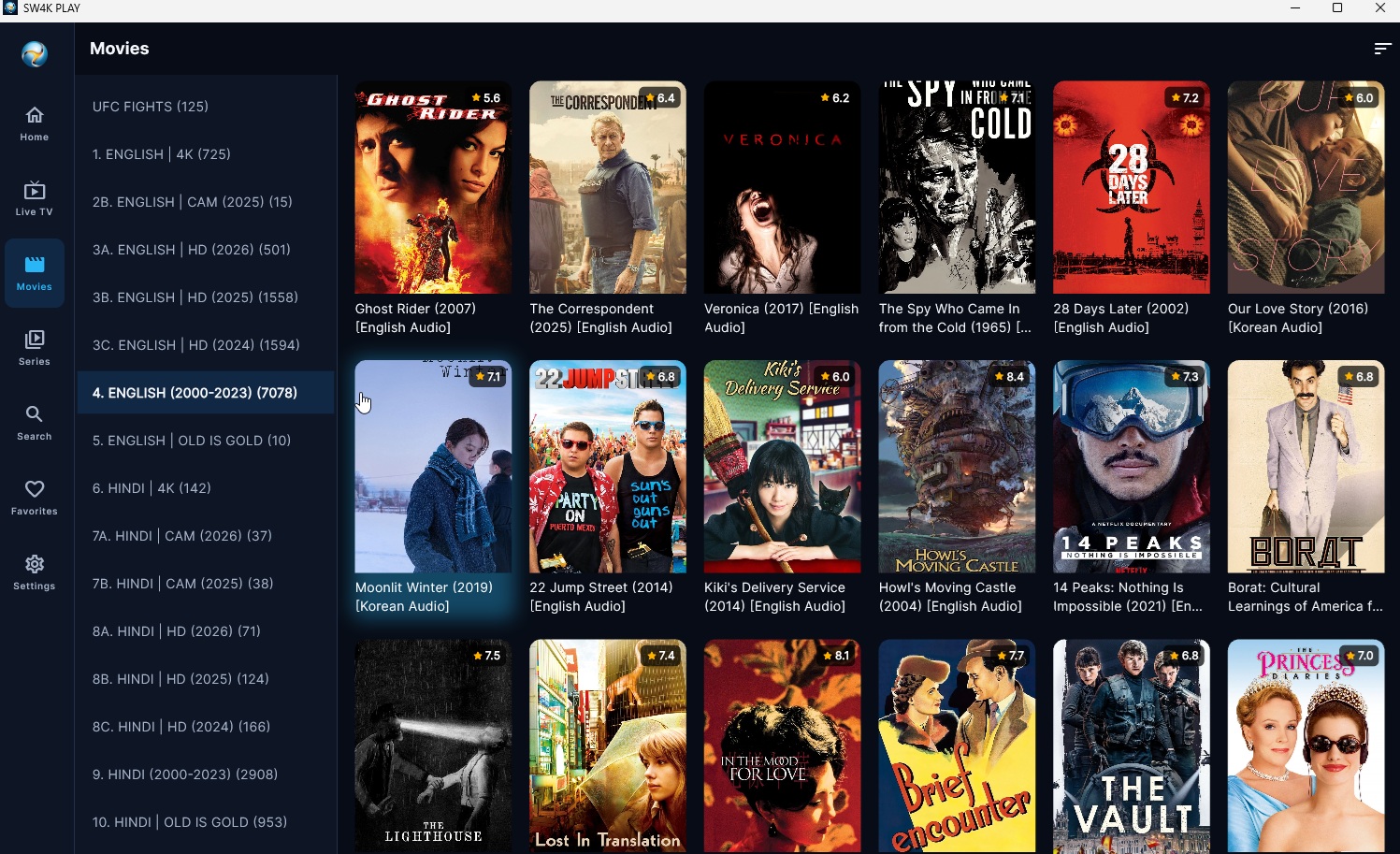 SW4K PLAY Movies screen with a category sidebar and poster grid